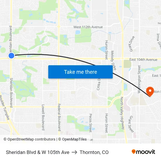 Sheridan Blvd & W 105th Ave to Thornton, CO map