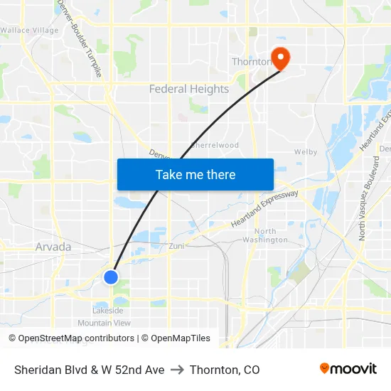 Sheridan Blvd & W 52nd Ave to Thornton, CO map