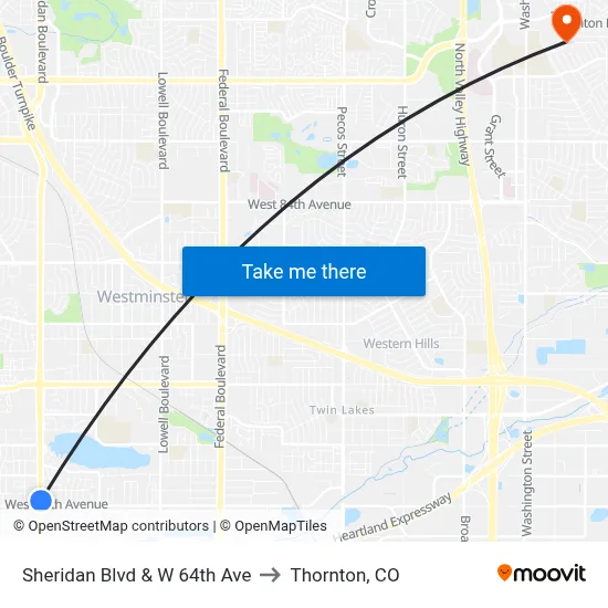 Sheridan Blvd & W 64th Ave to Thornton, CO map