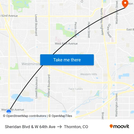 Sheridan Blvd & W 64th Ave to Thornton, CO map
