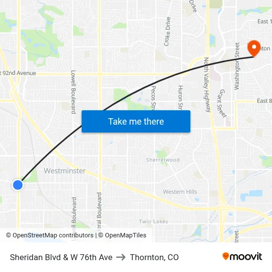 Sheridan Blvd & W 76th Ave to Thornton, CO map