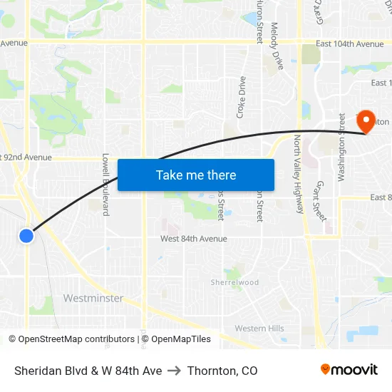 Sheridan Blvd & W 84th Ave to Thornton, CO map
