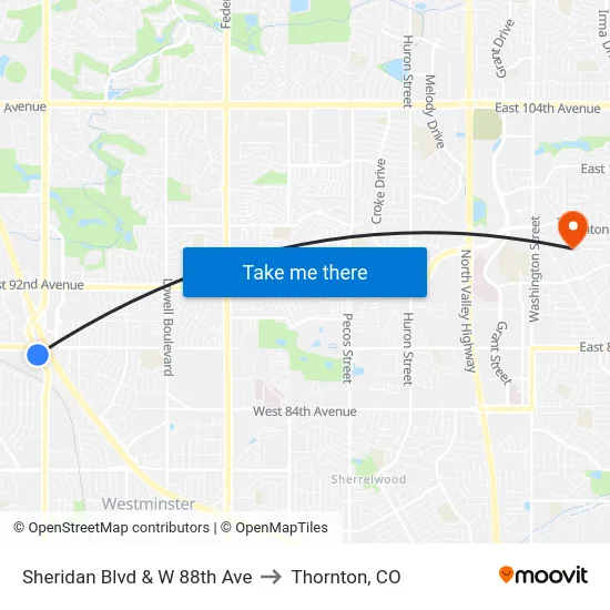 Sheridan Blvd & W 88th Ave to Thornton, CO map