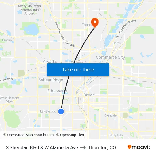 S Sheridan Blvd & W Alameda Ave to Thornton, CO map