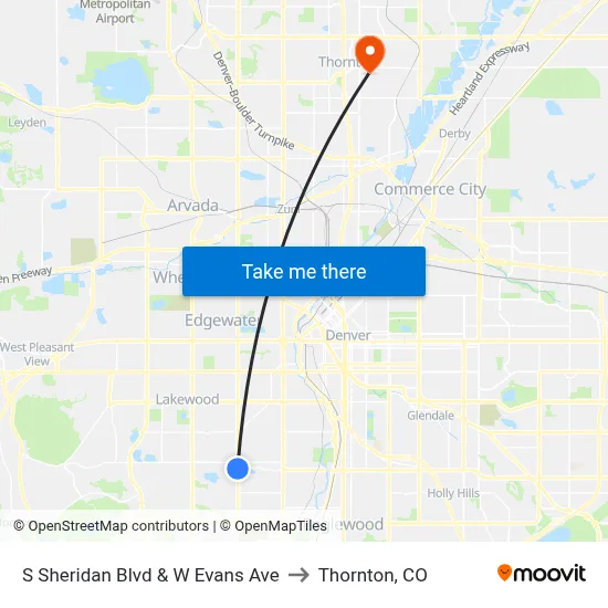 S Sheridan Blvd & W Evans Ave to Thornton, CO map