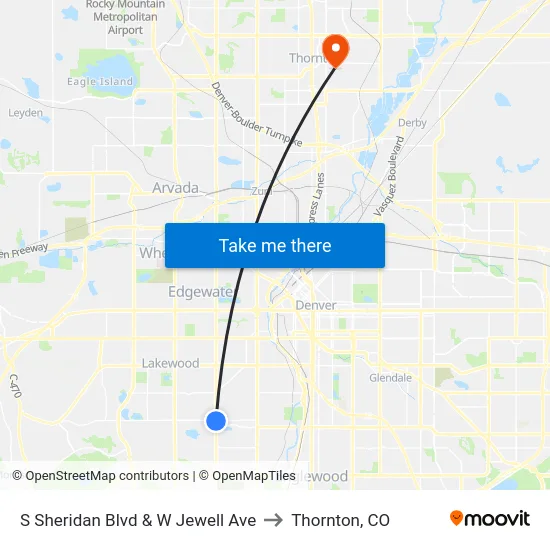 S Sheridan Blvd & W Jewell Ave to Thornton, CO map