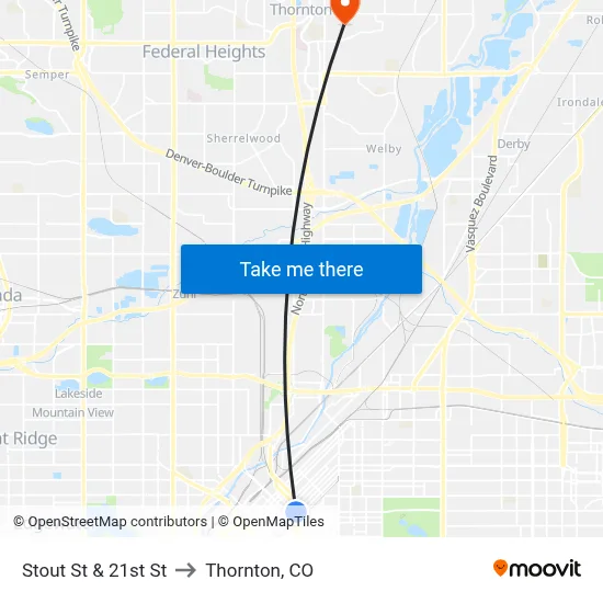 Stout St & 21st St to Thornton, CO map