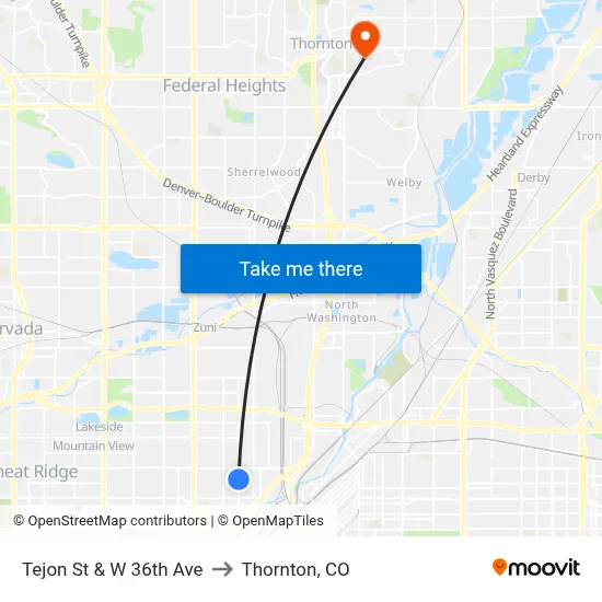Tejon St & W 36th Ave to Thornton, CO map