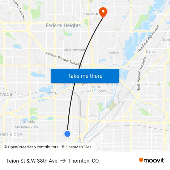 Tejon St & W 38th Ave to Thornton, CO map