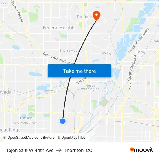 Tejon St & W 44th Ave to Thornton, CO map