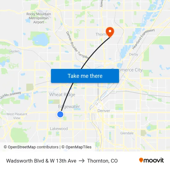 Wadsworth Blvd & W 13th Ave to Thornton, CO map