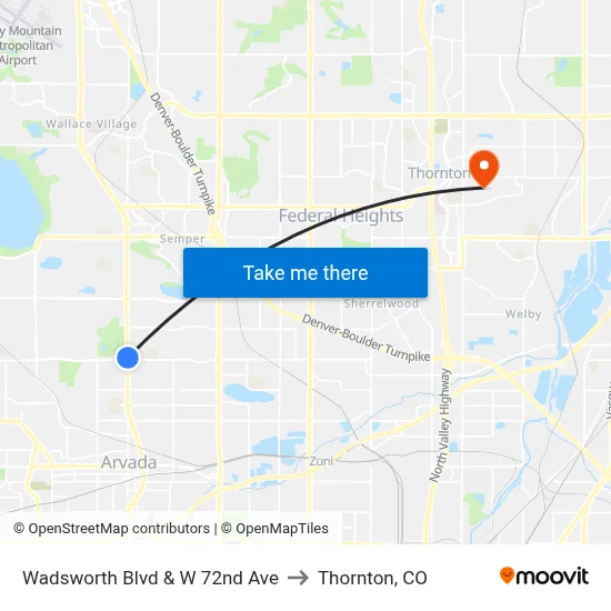 Wadsworth Blvd & W 72nd Ave to Thornton, CO map