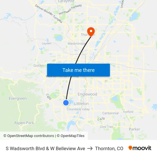S Wadsworth Blvd & W Belleview Ave to Thornton, CO map