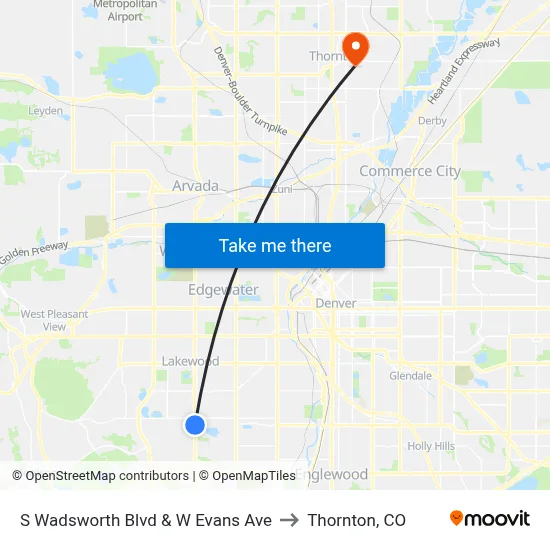 S Wadsworth Blvd & W Evans Ave to Thornton, CO map