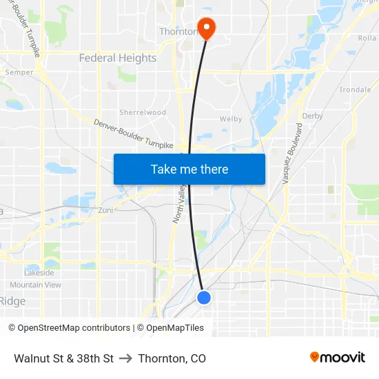 Walnut St & 38th St to Thornton, CO map