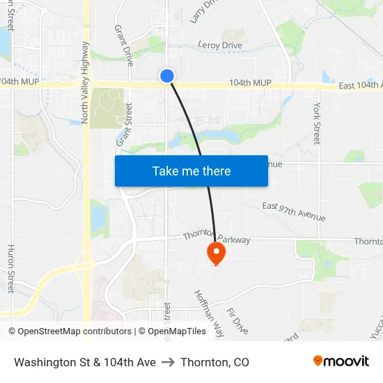Washington St & 104th Ave to Thornton, CO map