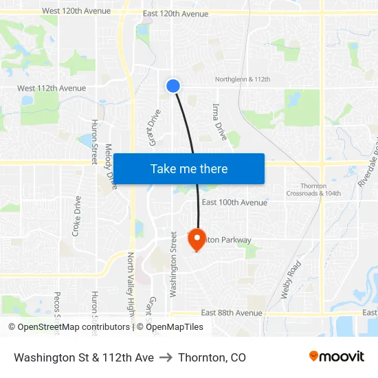 Washington St & 112th Ave to Thornton, CO map