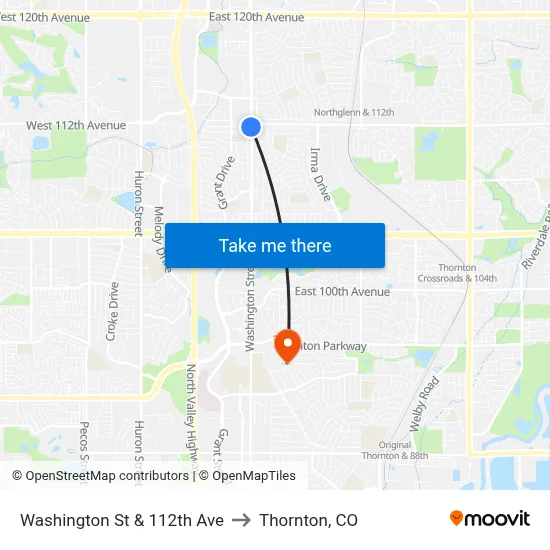Washington St & 112th Ave to Thornton, CO map