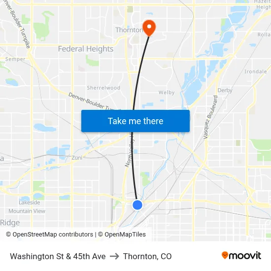 Washington St & 45th Ave to Thornton, CO map