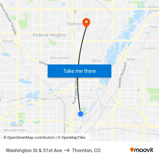 Washington St & 51st Ave to Thornton, CO map