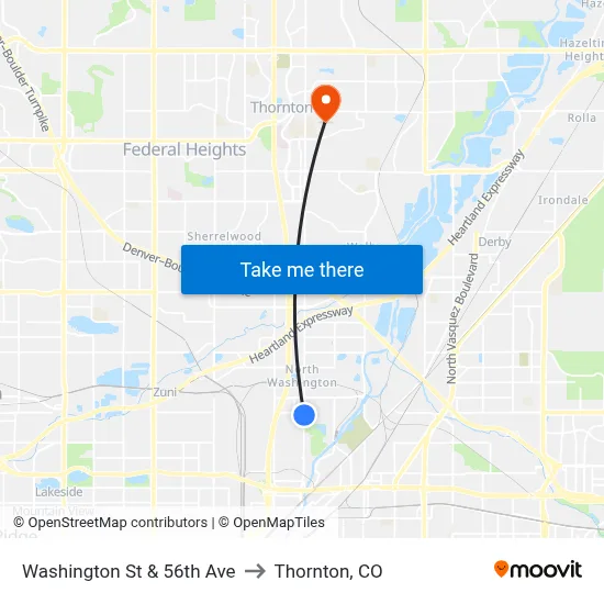 Washington St & 56th Ave to Thornton, CO map