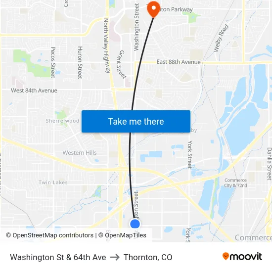 Washington St & 64th Ave to Thornton, CO map