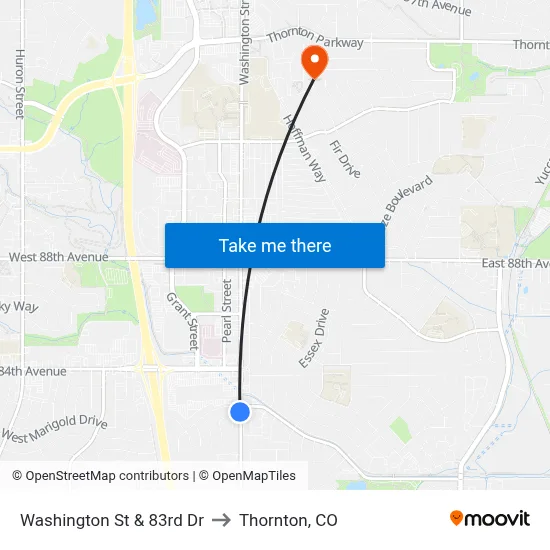 Washington St & 83rd Dr to Thornton, CO map