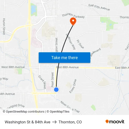 Washington St & 84th Ave to Thornton, CO map