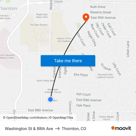 Washington St & 88th Ave to Thornton, CO map
