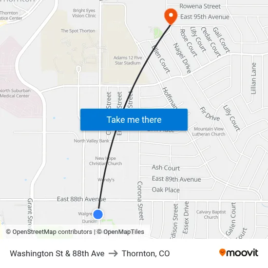 Washington St & 88th Ave to Thornton, CO map