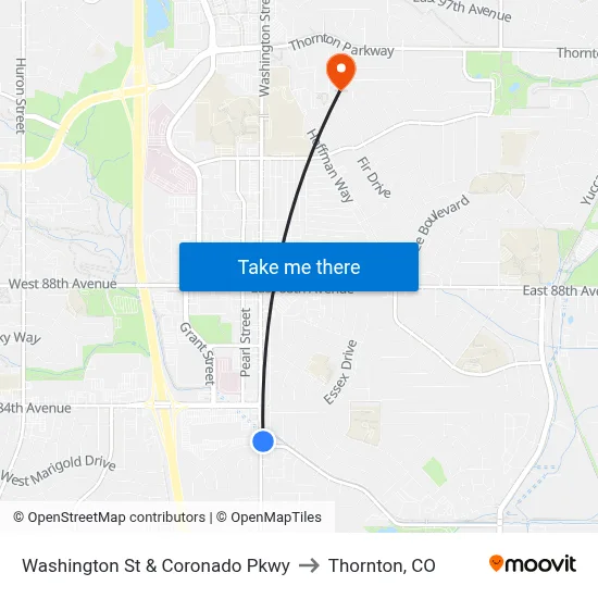 Washington St & Coronado Pkwy to Thornton, CO map