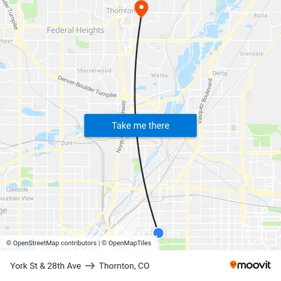 York St & 28th Ave to Thornton, CO map
