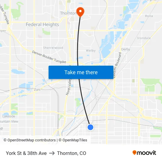 York St & 38th Ave to Thornton, CO map
