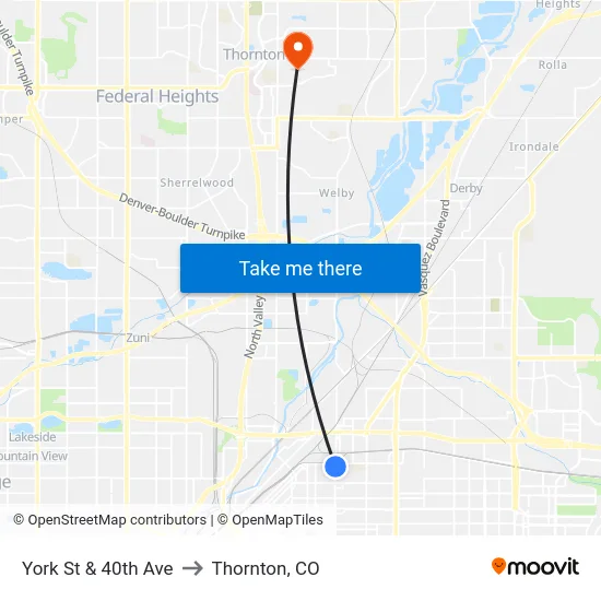 York St & 40th Ave to Thornton, CO map