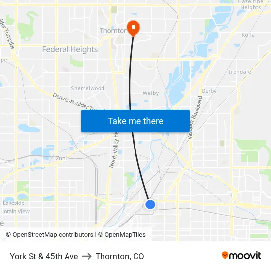 York St & 45th Ave to Thornton, CO map