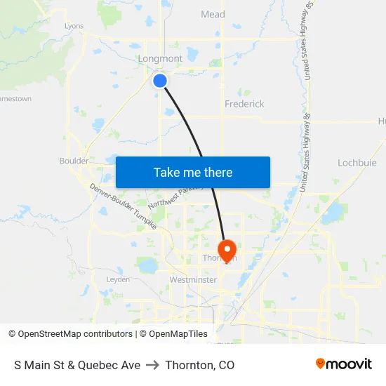 S Main St & Quebec Ave to Thornton, CO map