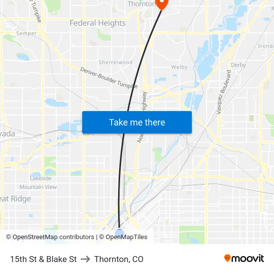 15th St & Blake St to Thornton, CO map