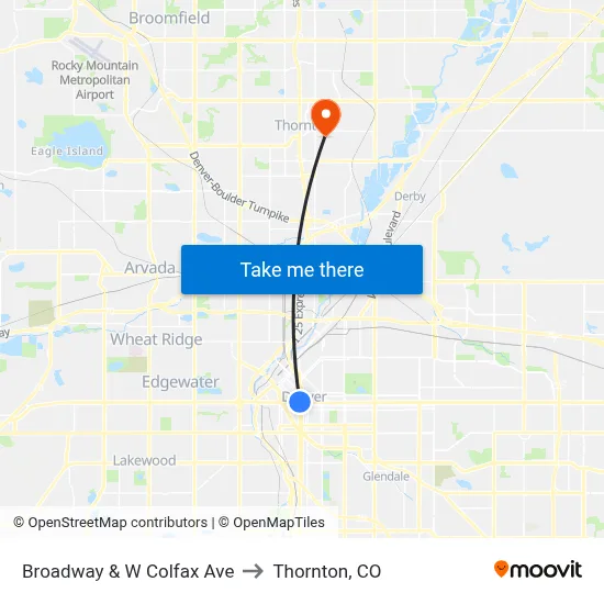 Broadway & W Colfax Ave to Thornton, CO map