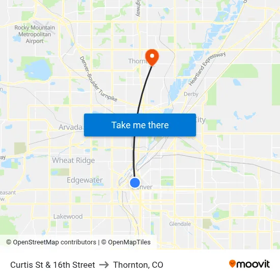 Curtis St & 16th Street to Thornton, CO map