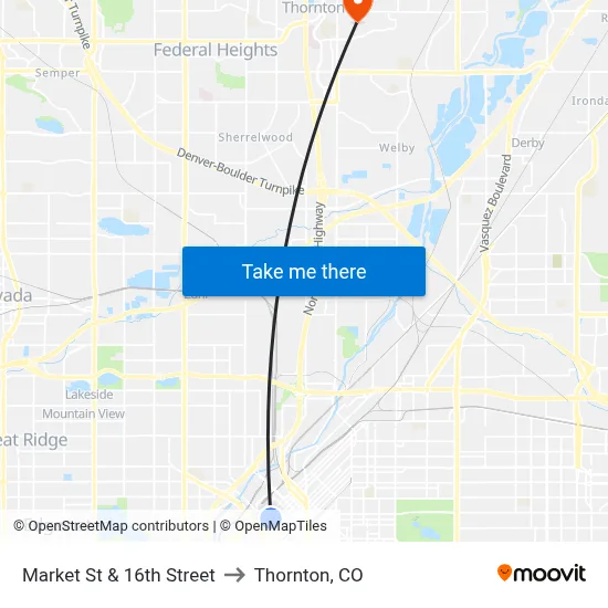 Market St & 16th Street to Thornton, CO map