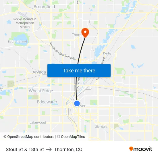 Stout St & 18th St to Thornton, CO map