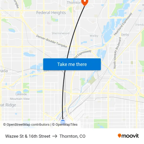 Wazee St & 16th Street to Thornton, CO map