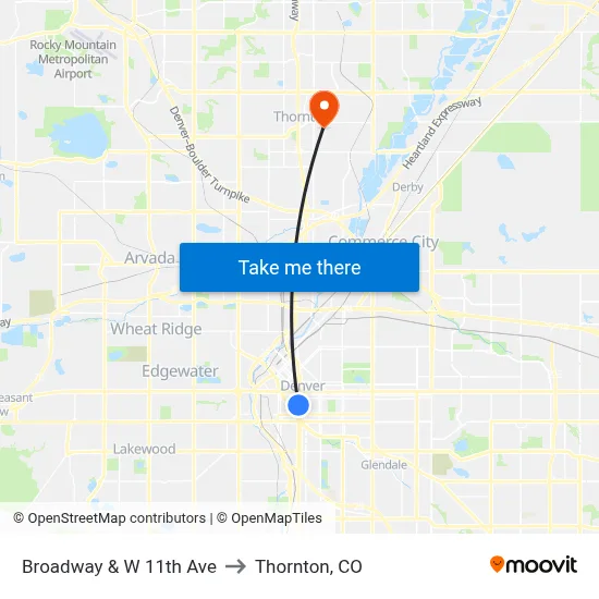 Broadway & W 11th Ave to Thornton, CO map