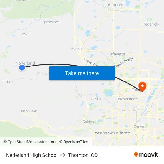 Nederland High School to Thornton, CO map