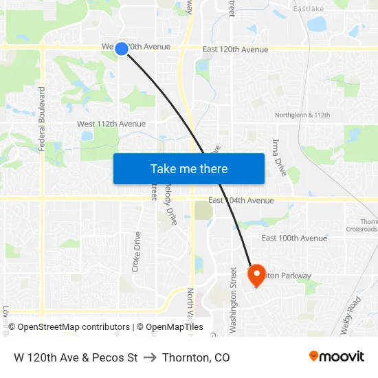 W 120th Ave & Pecos St to Thornton, CO map