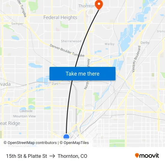 15th St & Platte St to Thornton, CO map