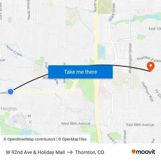 W 92nd Ave & Holiday Mall to Thornton, CO map