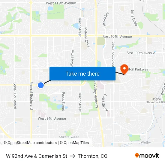 W 92nd Ave & Camenish St to Thornton, CO map