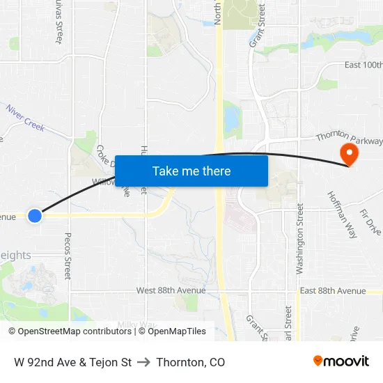 W 92nd Ave & Tejon St to Thornton, CO map