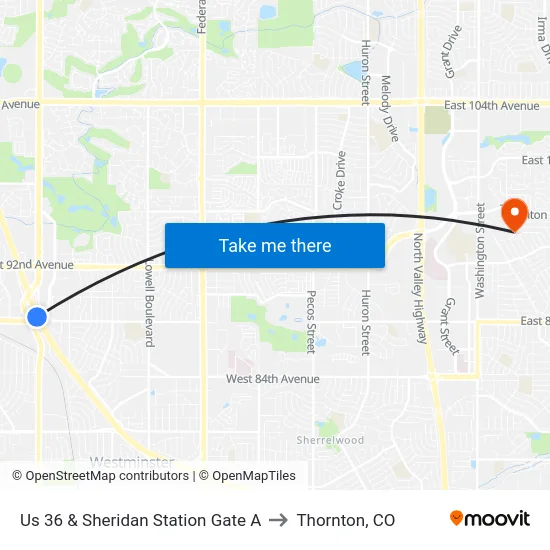 Us 36 & Sheridan Station Gate A to Thornton, CO map